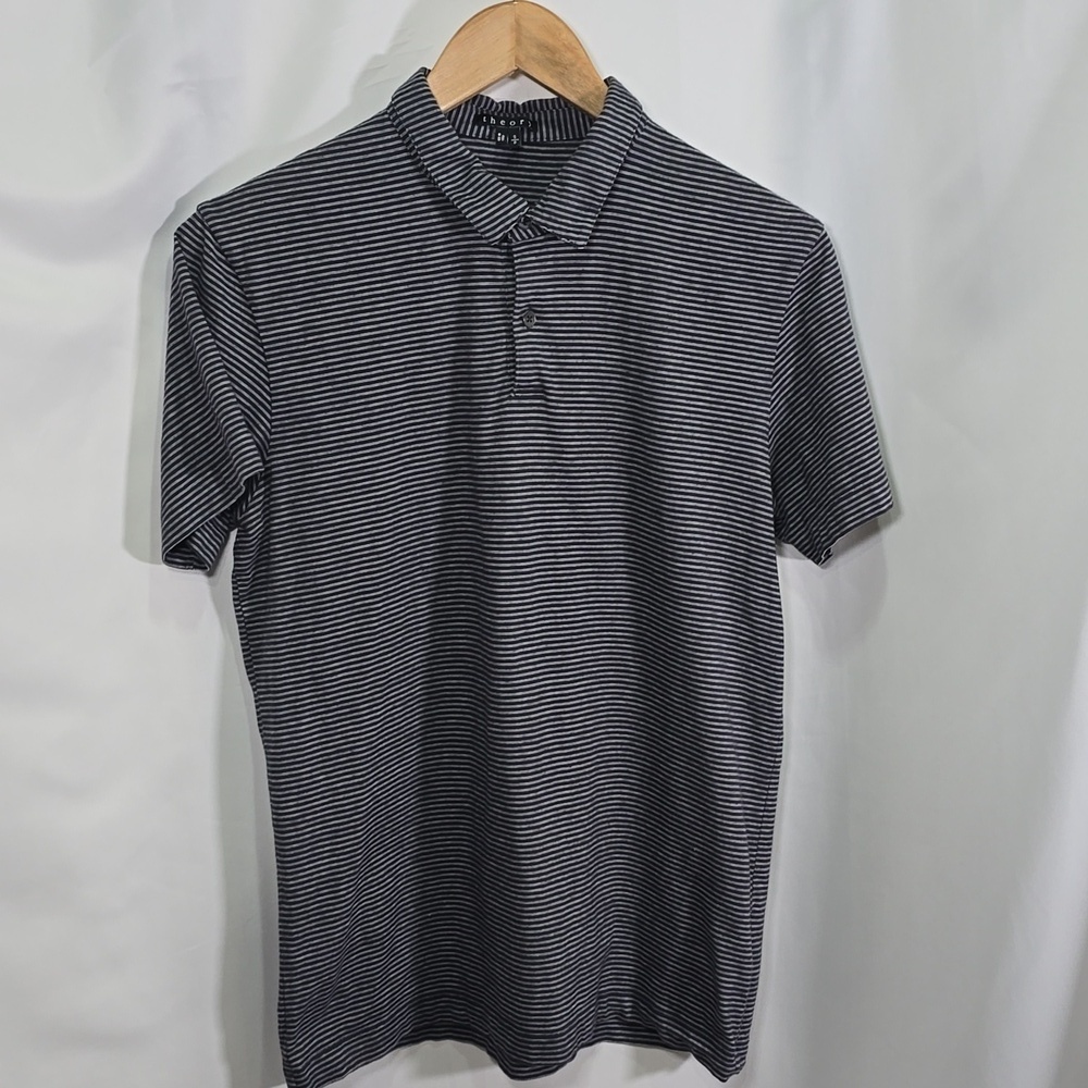 THEORY Striped 100% Cotton Charcoal Polo